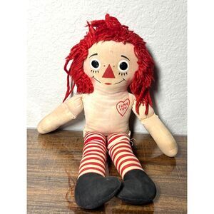 Vintage Raggedy Ann Doll Printed Face Heart Red Yarn Hair Striped Legs 1950s–70s